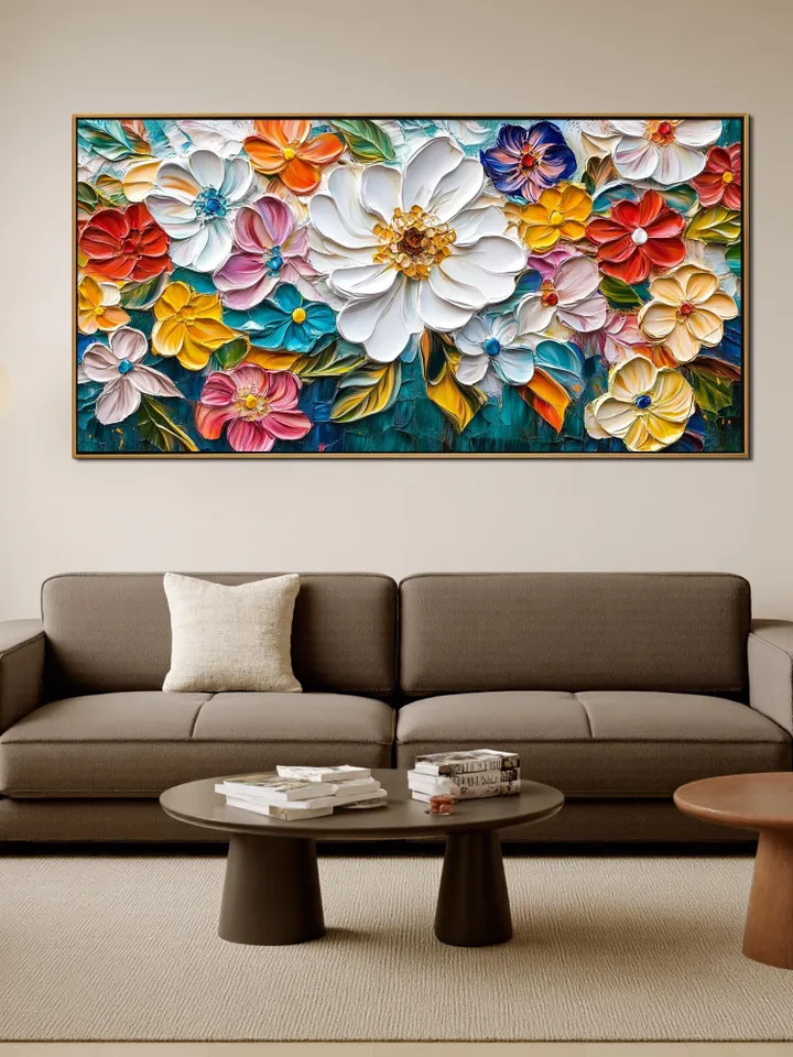 Large Impasto Floral Painting, Textured Colorful Flower Artwork, 3D Thick Paint Palette Knife Original Art, Abstract Flower Bouquet Painting