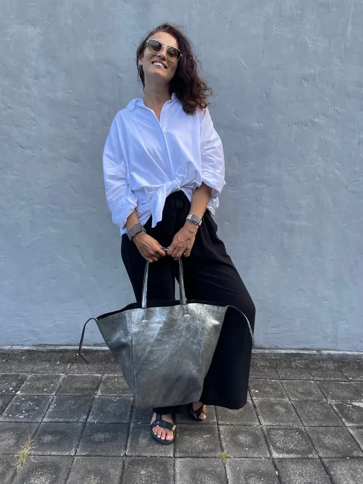 Genuine leather silver tote shopper big bag / everyday purse / handmade bags / designer bags / summer bag / gift for her