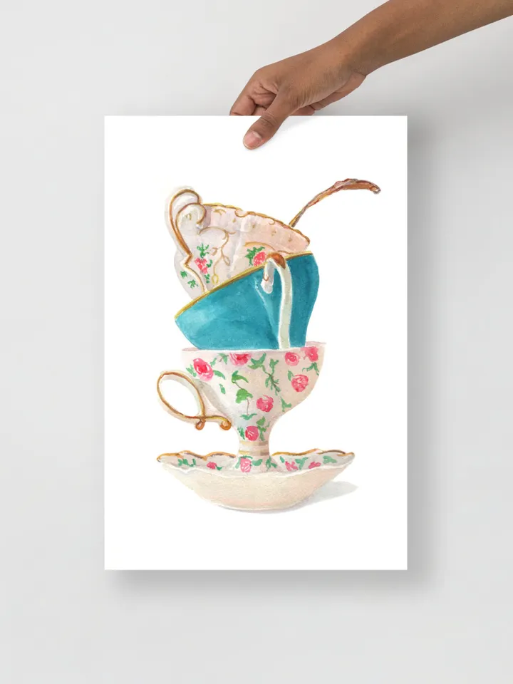 Tea Cups, Kitchen Art Wall Art, Kitchen Wall Decor Vintage Tea Cup Gift For Tea Lovers Tea Party DEecor Living Room Art Tea Wall Giclee