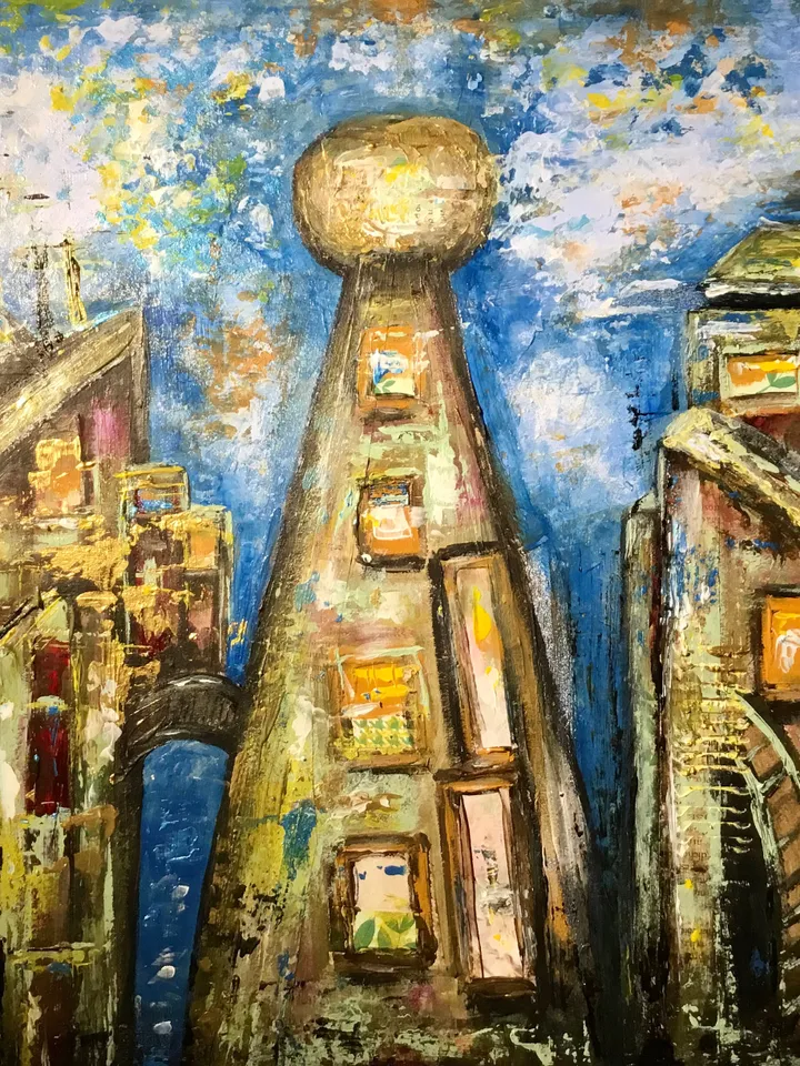 Sky town,original mix media painting on cardboard,collage and acrylic painting,fantasy cityscape,wall art.