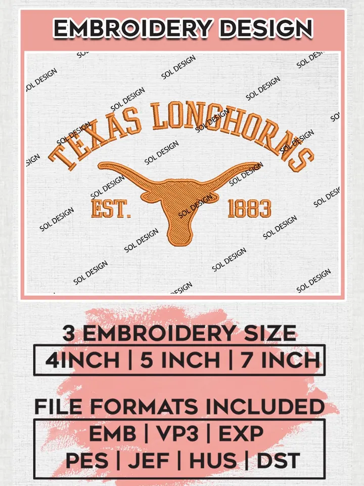 Texas Longhorns Est 1883 Logo Embroidery Designs, NCAA Texas Longhorns Team Embroidery, NCAA Team Logo, 3 sizes, Machine embroidery Files, Digital Download