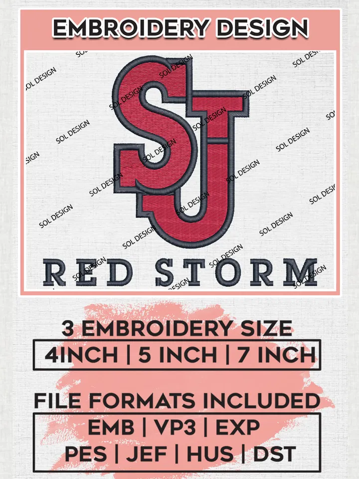 NCAA St Red Storm College Team Logo Embroidery Design Files, NCAA St Johns Red Storm Machine Embroidery, NCAA Teams, 3 sizes, NCAA Machine embroidery designs, Digital Download