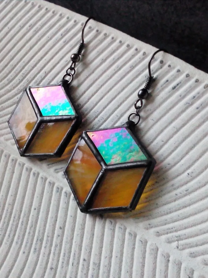 Cube hexagon geometric simple stained glass earrrings, honeycomb Iridescent earrings