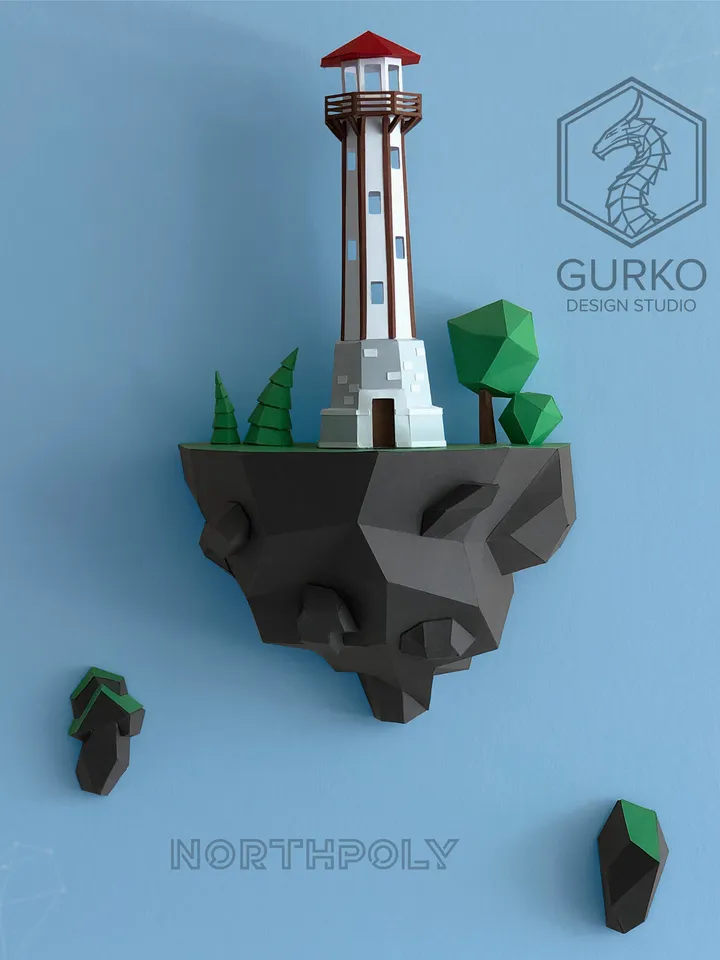 Papercraft Flying Island. Lighthouse, Digital Template, PDF Download, Gurko, 3D Low Poly, Pepakura, DIY Origami Sculpture, Paper Decor, Gift