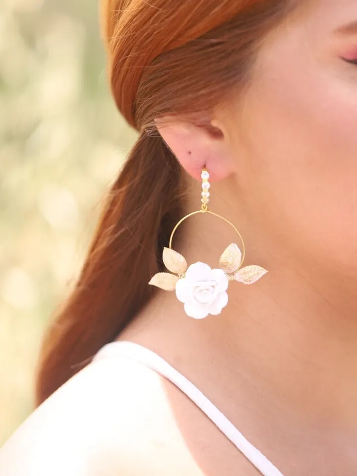 Hoop Porcelain Flower Boho Wedding Earrings, Floral Statement Rose Gold Bridal Earrings, Leaf Statement Wedding Jewelry, Boho Bridal Jewelry