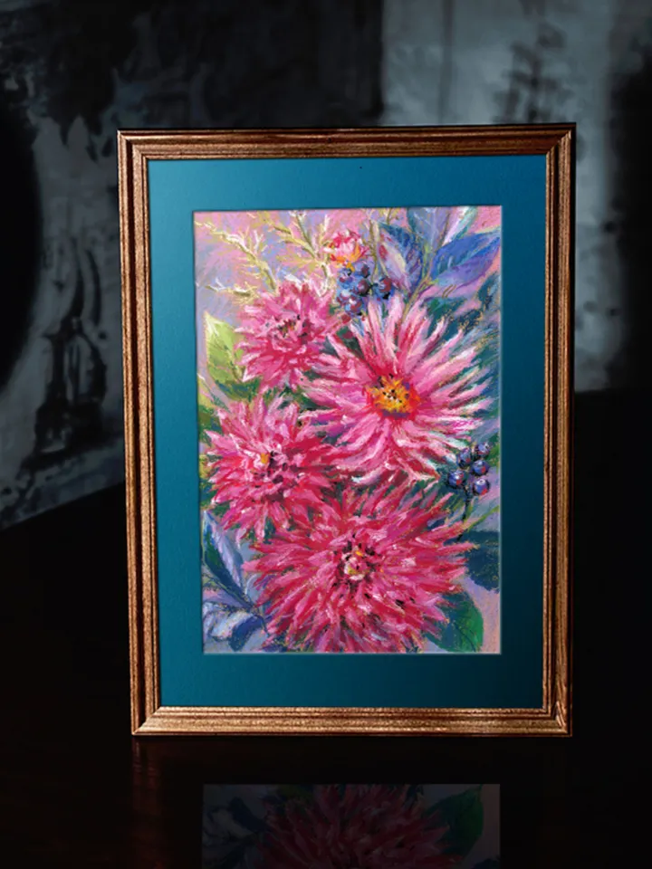 Flowers Bouquet Asters Drawing with oil pastels on A4 craft paper