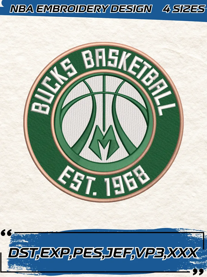 Milwaukee Bucks Logo Embroidery Designs,NBA Logo Embroidery Files, Machine Embroidery Design File, 4 Sizes,Digital Download