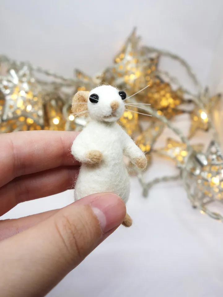 Charlie the mouse, miniature needle felted white mouse in a frog hat, made to order
