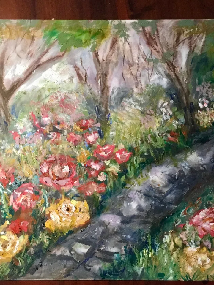 Flower garden original oil pastel painting,flowers painting,forest painting, colourful flowers,affordable gift wall hanging home decoration.