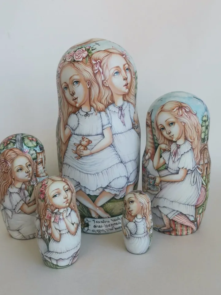 Matryoshka "Girls and Angels". Set of 5 dolls. 9inch.