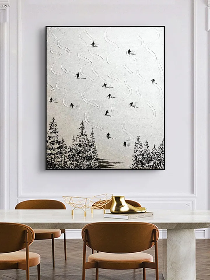 Original Ski Sport Painting on Canvas, Winter Decor, Texture Wall Art, Personalized Gift, Skier on Snowy Mountain Art, White Snow Skiing Art