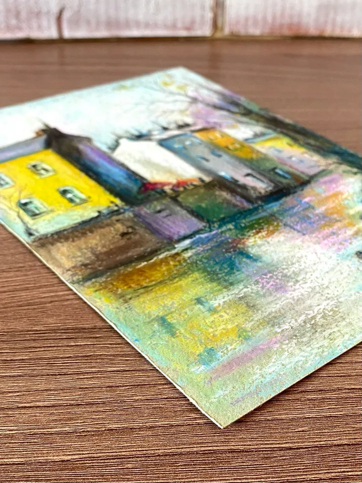 Town painting Oil pastel painting City street landscape Riverside art