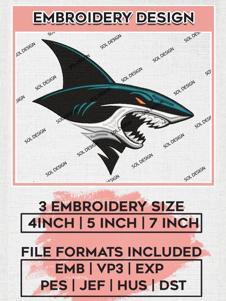 NHL San Jose Sharks Mascot Logo Embroidery Files, NHL San Jose Sharks Machine Embroidery Designs, NHL Embroidery Designs, NHL Machine Embroidery Designs, Digital Download