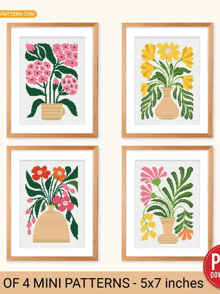 Bundle of 4 mini contemporary Flowers in pots Cross stitch patterns Abstract floral Plant beginner counted modern DIY embroidery instant PDF