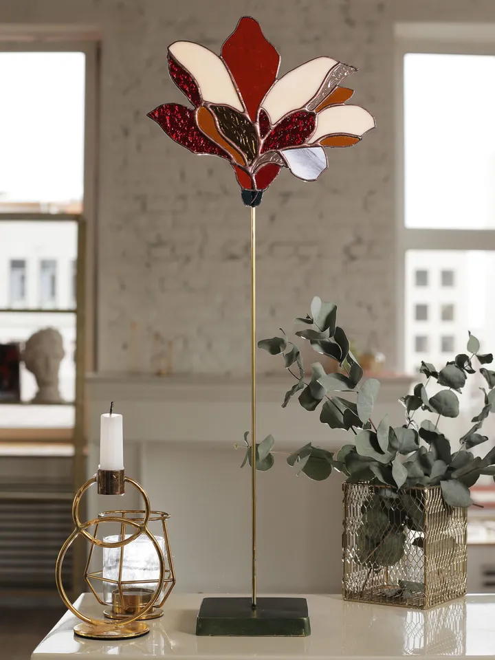 Magnolia on a Brass and Cast Stone Stand, Stained Glass Flower, Glass Magnolia on Stand, Artistic Glass Floral Decor, Tiffany Glass Flower, Magnolia Sculpture, Magnolia in Brass and Stone