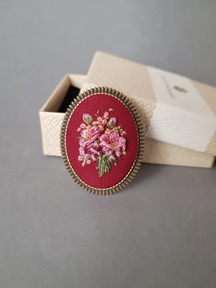 Ribbon embroidered red brooch for her, embroidered jewelry