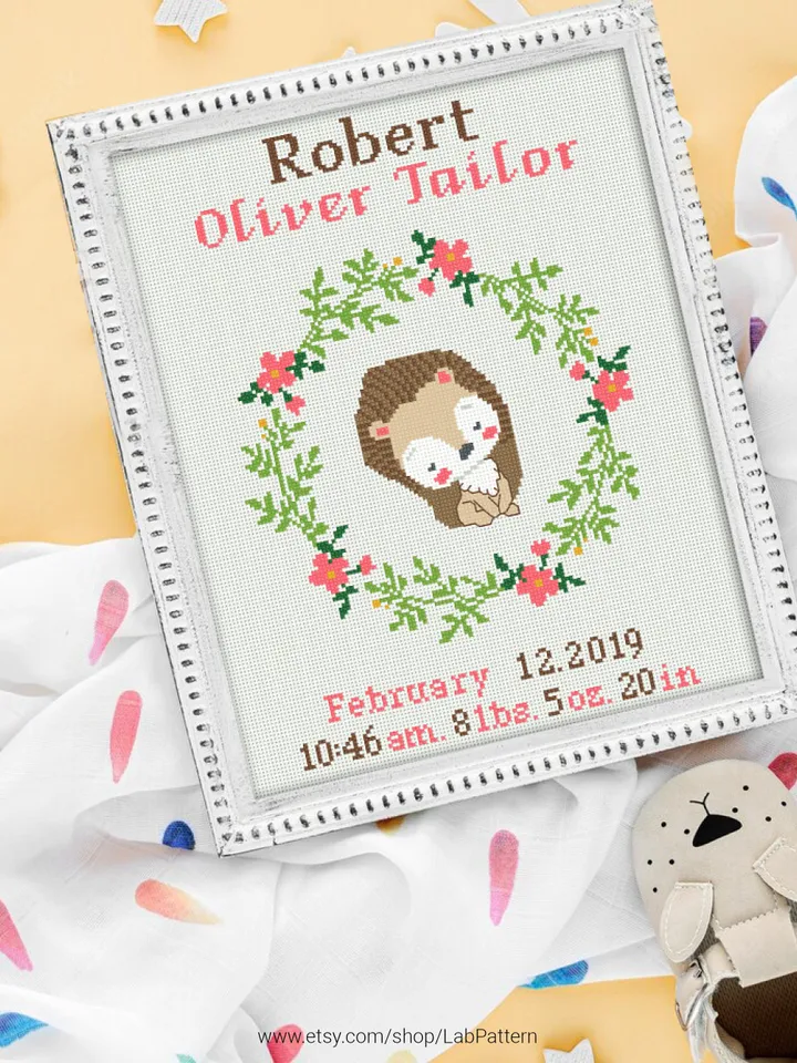Squirrel Birth announcement cross stitch pattern, personalized, boy girl nursery decor, counted, chart, gift DIY, embroidery, instant PDF