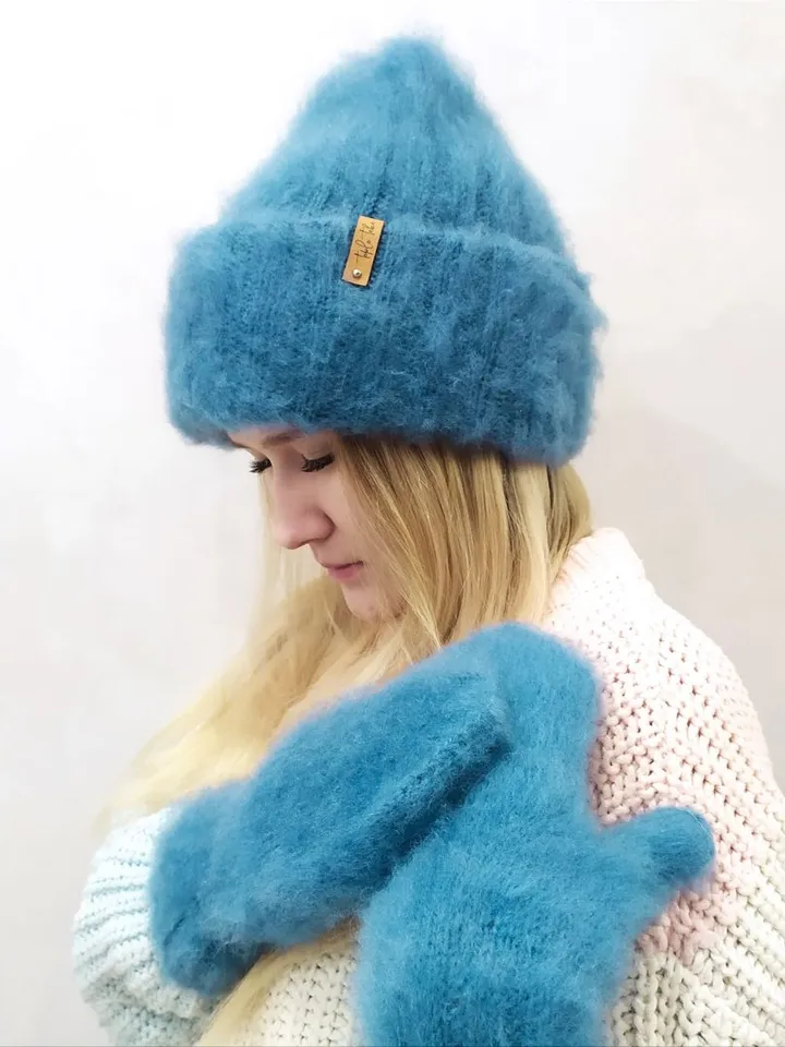 Warm blue fluffy hat and mittens