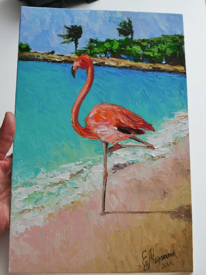 Flamingo Painting Original Art Flamingo on the Beach Painting Seascape painting Pink Birds Oil Painting Impasto 8 by 12 by MilenaART