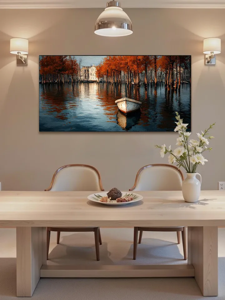 Canal Oil Painting, Autumn Scene Large Wall Art, Boat Painting, Fall Colors Artwork, Cityscape Art, Original Painting, Water Reflection Art