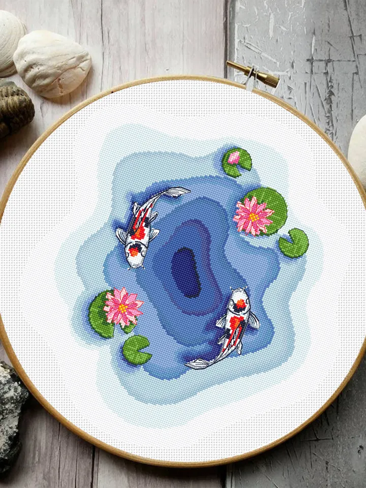 Koi pond cross stitch pattern download PDF, Koi fish cross stitch chart, Fish embroidery design, Oriental decor Water lily cross stitch #L45