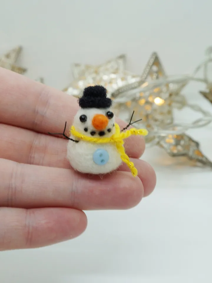 Miniature needle felted snowman in a yellow scarf, made to order