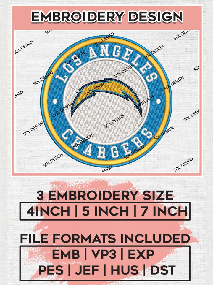 NFL Los Angeles Chargers Circle Logo Embroidery Designs, NFL Chargers Embroidery Designs, NFL Embroidery Designs, NFL LA Chargers Machine Embroidery Design, Digital Download