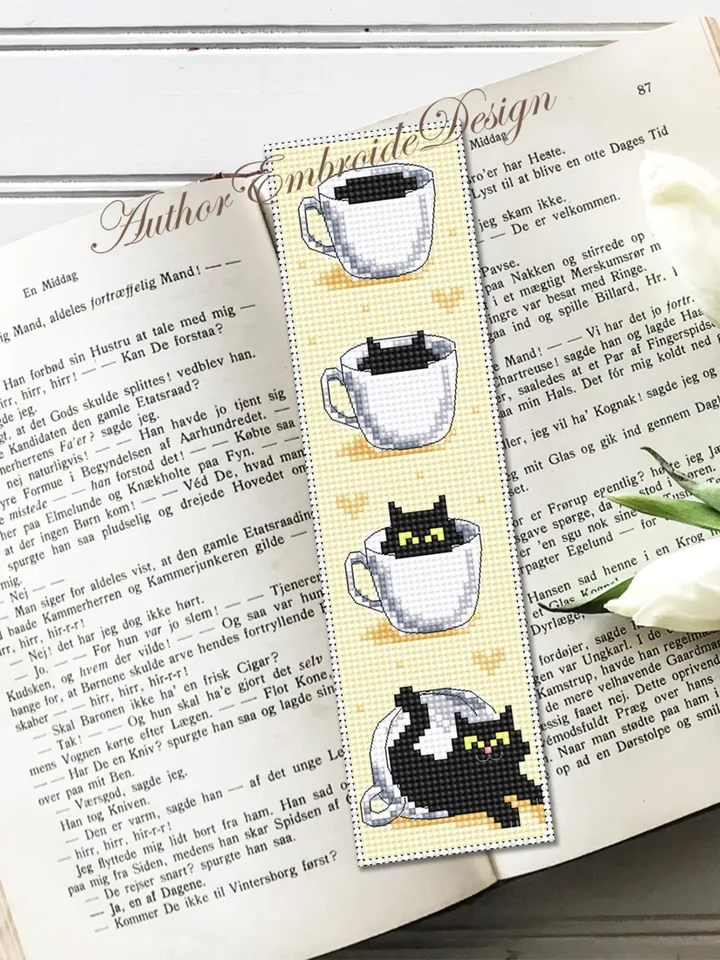 Cat bookmark cross stitch pattern download PDF Black cat cross stitch chart, Funny bookmark digital pattern PDF, Cat cup embroidery #B318