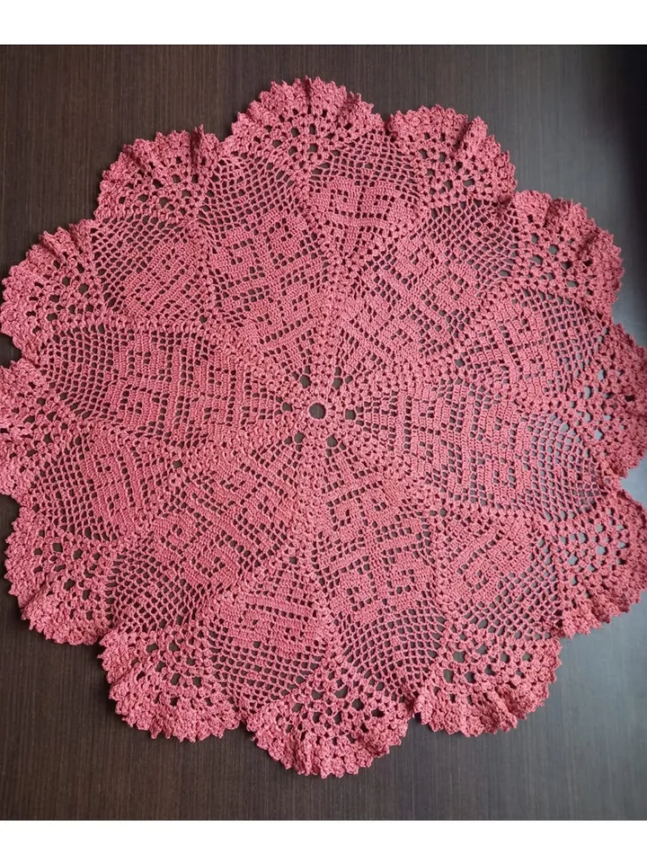 Hand crocheted large cranberry-colored doily 22 inch