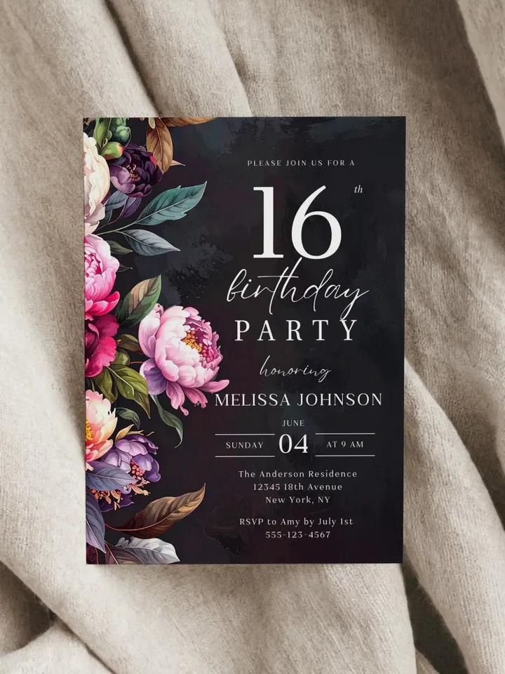 16th Birthday Invitation for girl or boy – Moody Burgundy & Blush Peony Floral Invitation Elegant Dark Birthday Party Invite Canva Template