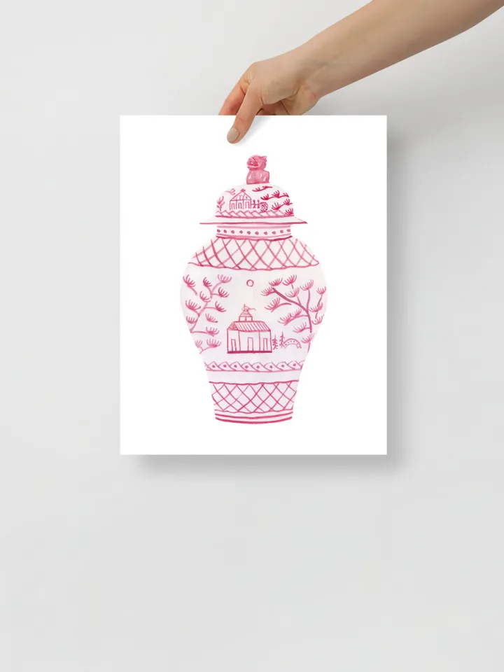 Pink Chinoiserie Set Of 2 Ginger Jar, Asian Vase Print, Dressing Room Art, Vintage Chinoiserie, Pagoda Decor Print, Chinoiserie Chic Art