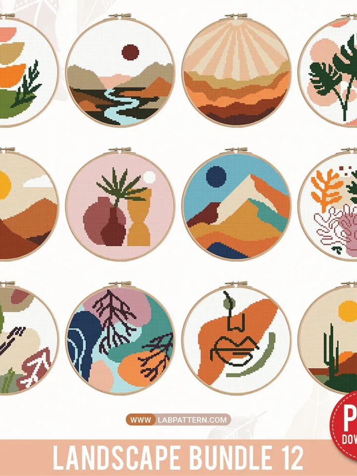 Boho Landscape Bundle 12 modern cross stitch patterns mini boho aesthetic digital format beginners embroidery counted chart DIY instant PDF