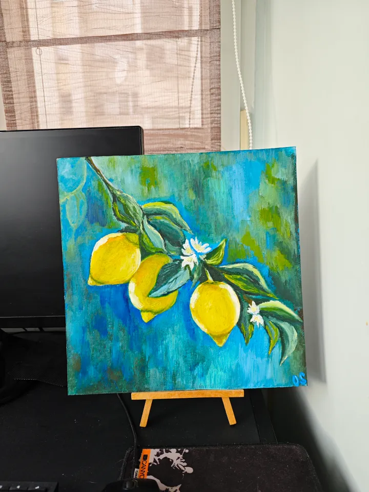 Lemons Original Painting Lemon Branch Artwork Three Lemons Modern Art Lemon Tree Branch Oil Painting Lemon Wall Decor 11.8 x 11.8 inches by OlgaSokolovaArt