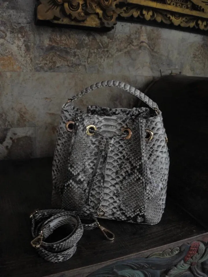 Genuine python skin grey bucket crosshandle bag/ designer women purse | classy elegant crossbody bag | exotic leather bags | gift idea