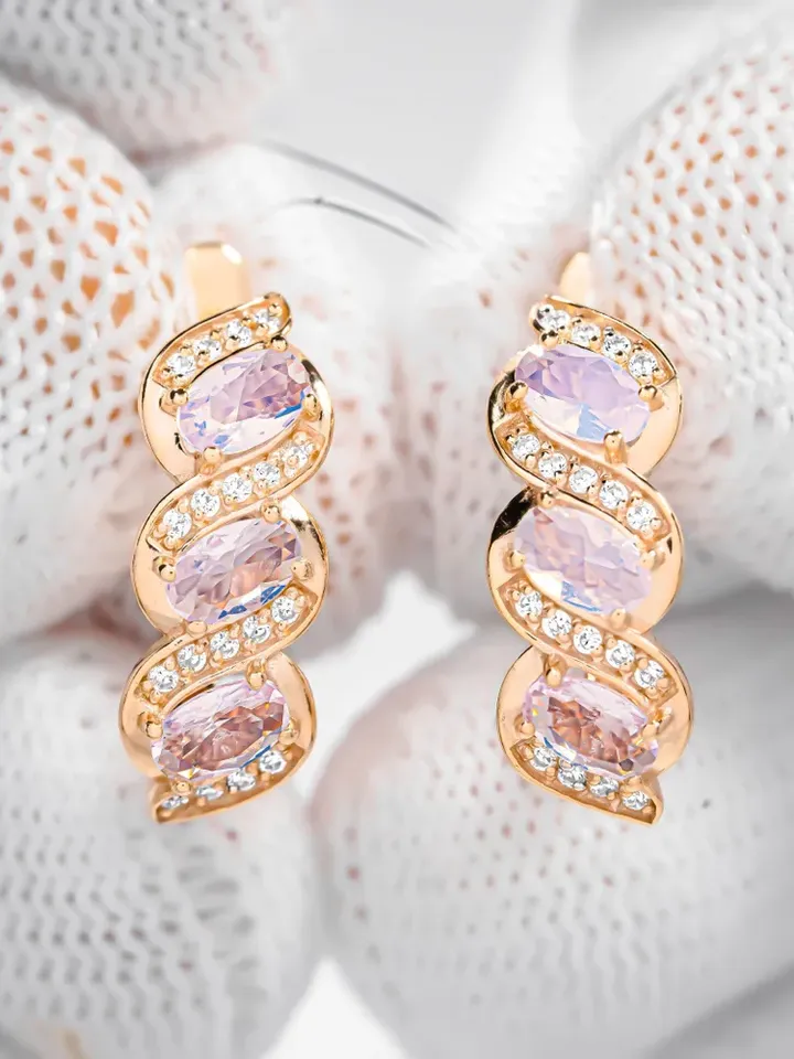 Earrings jewelry Silver gold plated 925 assay value with cubic zirconia and agate