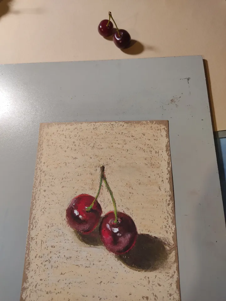 Cherries. Original oil pastel painting.