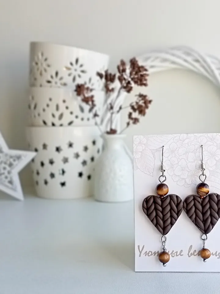 Heart dangle BROWN earrings/Elegant holiday earring/Birthday polymer clay earrings/Lightweight earrings/Handmade Jewelry
