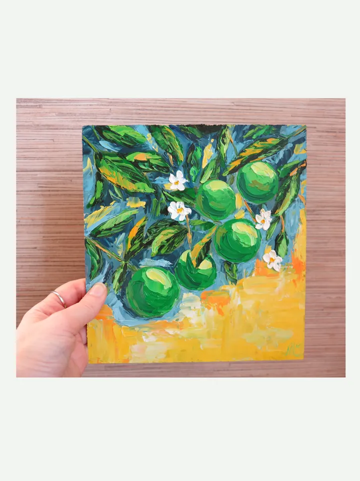 Original Oil Painting of a Green Lime - Stunning Palette Knife Artwork Showcasing Freshness and Texture Charming Miniature Art