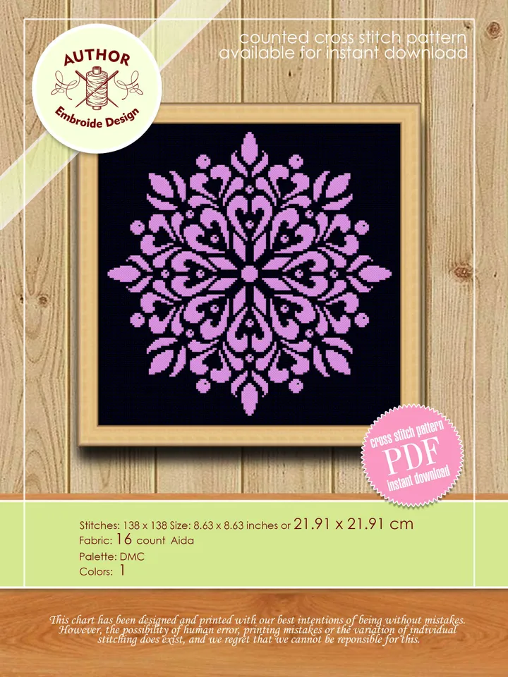 Easy mandala cross stitch pattern download PDF Monochrome geometric pattern digital PDF Quick cross stitch chart Modern beginner stitch #M56