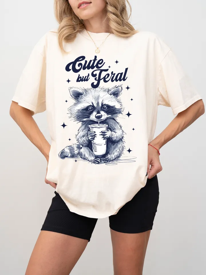 Cute But Feral Funny PNG Sarcastic Snarky Png Funny Raccoon Adult Humor Funny Sarcastic Quote Png Vintage shirt Retro SUBLIMATION ORIGINAL