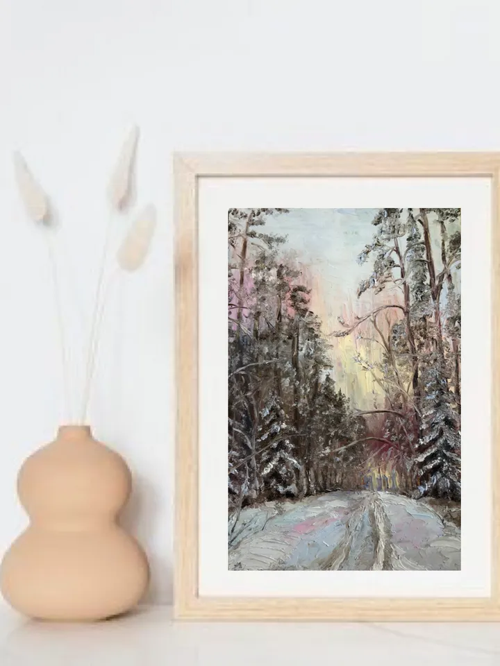 In the winter forest original oil painting hand painted modern impasto painting wall art 6x9 inches