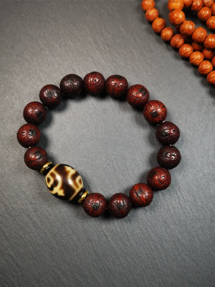 Gandhanra Unique Tibetan Dalo Dzi Bead Bracelet(30 Years Old), Treasure Vase Dzi with Old Bodhi Beads,Fit for 15-19cm Wrist