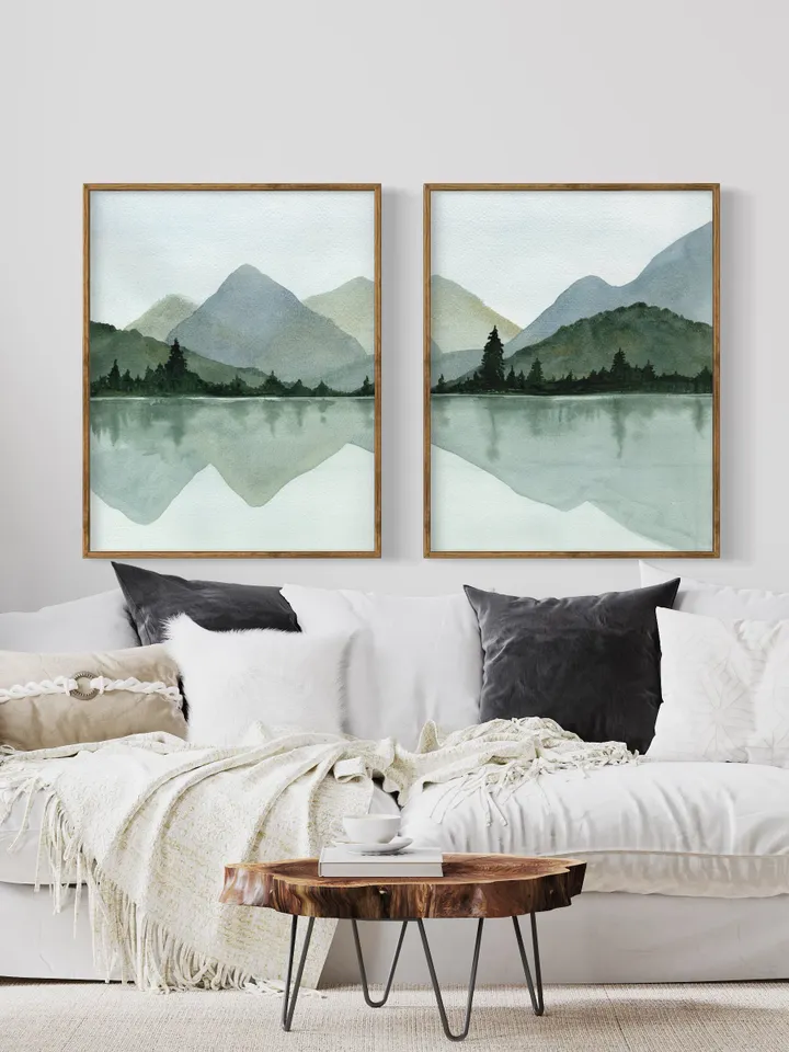 Mountain Lake Print Set Of 2, Large Lake Painting, Minimalist Wall Art, Mountain Forest Art, Living Room Decor,