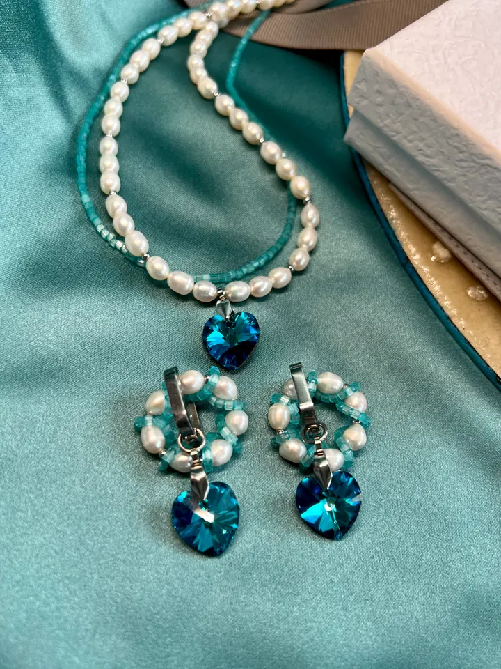 Natural Pearl Jewelry Set Necklace Earrings OCEAN HEART