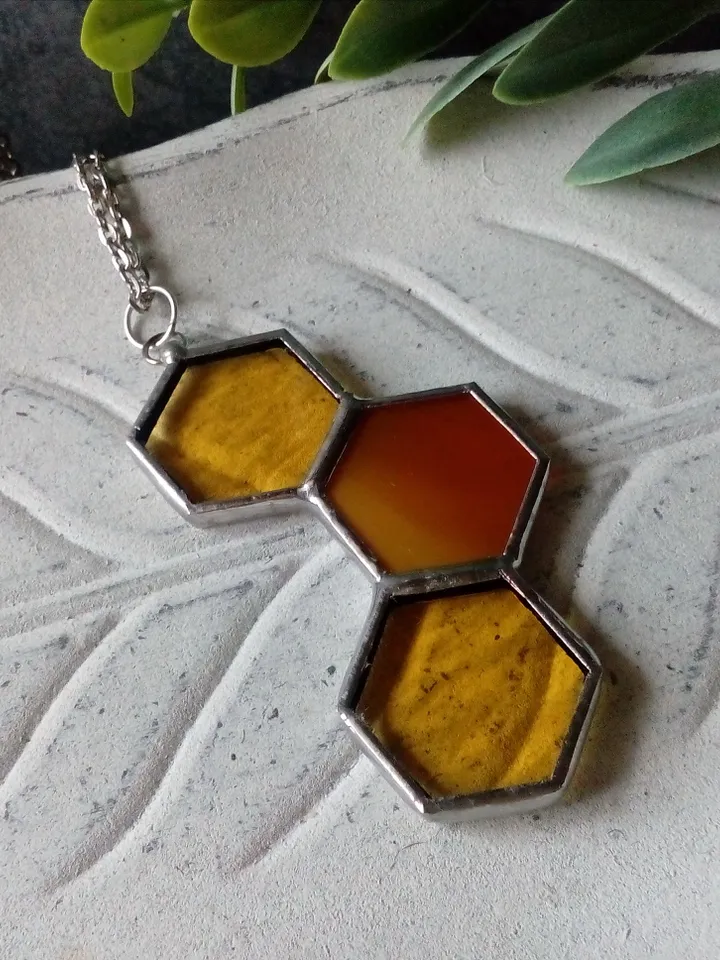 Honeycomb glass necklace, stained glass honeycomb, honey bee decor, bee art, honey bee jewelry, bee lover gift,