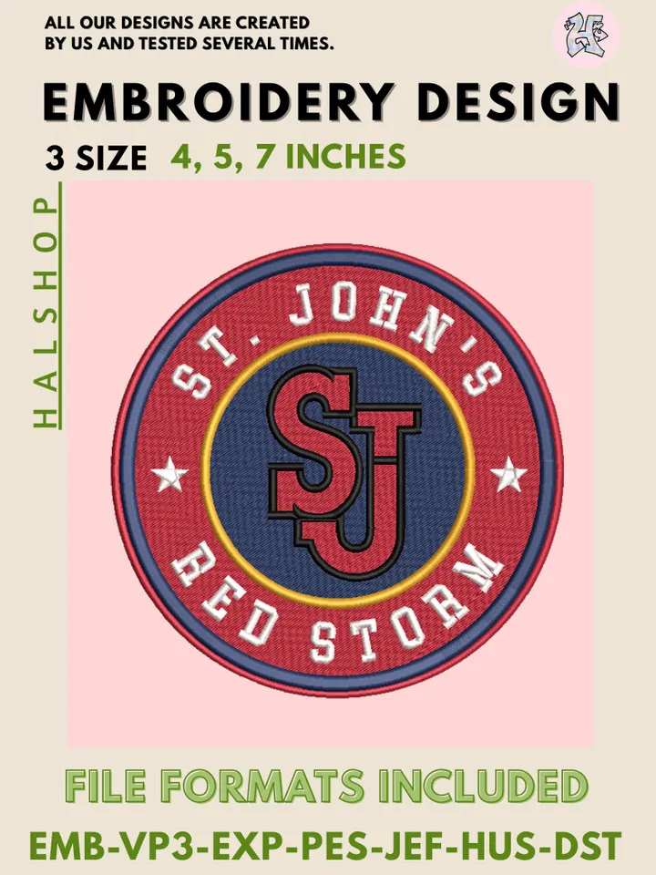 NCAA St. John’s Red Storm Round Logo Embroidery, NCAA St. John’s Red Storm Logo Embroidery Files, NCAA Teams, Machine Embroidery Designs, Digital Download