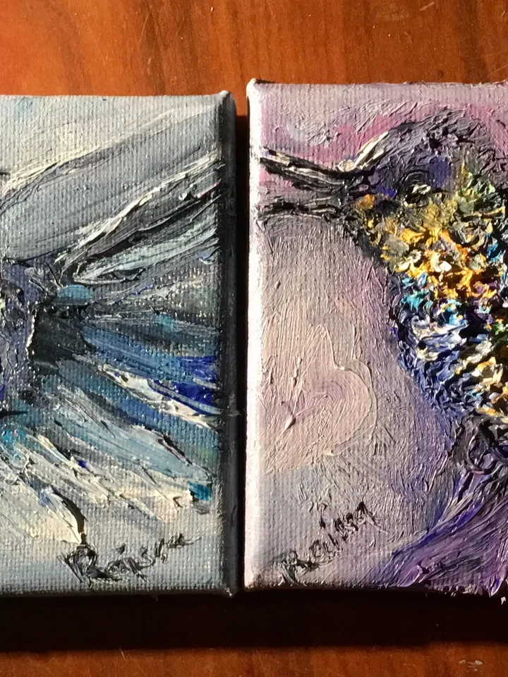 Hummingbirds couple diptych,set of 2 hummingbirds painting,small canvas paintings gifts, wedding gifts wall decor,exotic birds oil painting,