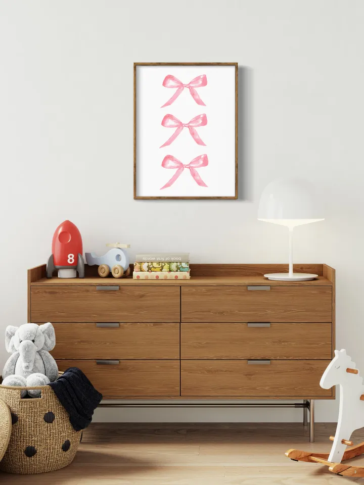 Pink Bow Painting Art Print, Watercolor Bow, Pink and White, Newborn Girl, Pink Chinoiserie Wall Art Print