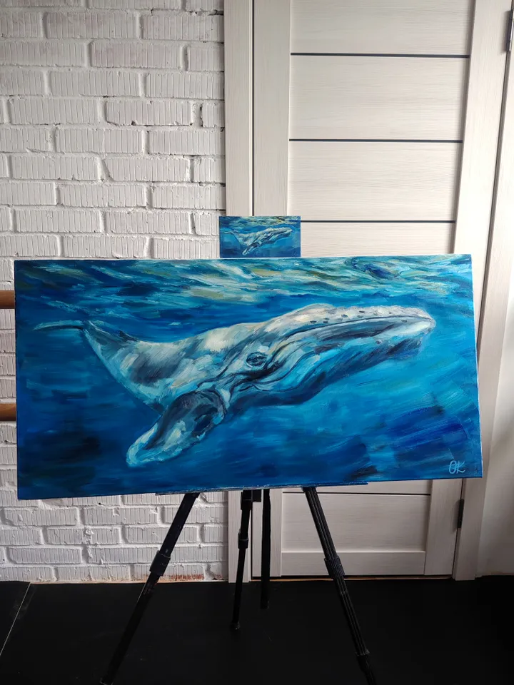 Oil painting blue whale on canvas