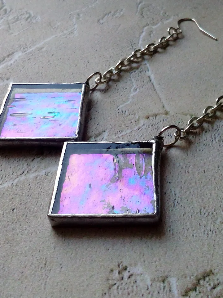 Iridescent stained glass, clear earrings, cute squar earrings, dichroic earrings, duochrome earrings